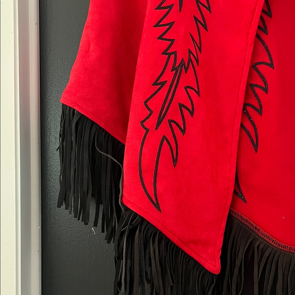 Lucky & Blessed Red Suede Fringe Cape with Black Stitching - Picture 2 of 3